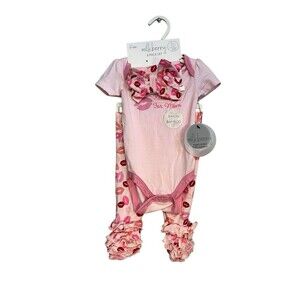 Milkberry Girl Size 0-3 Months Baby 3 Piece Set Pink Lips Ruffle Pants Bow Pink
